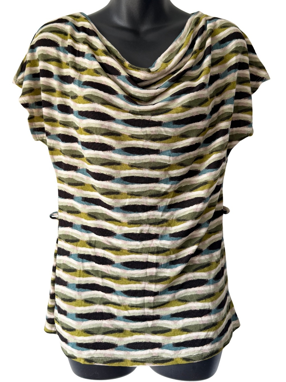 Geometric Draped Cowl Neck Short Sleeve Top Womens Small Blue Gree Cream Belted